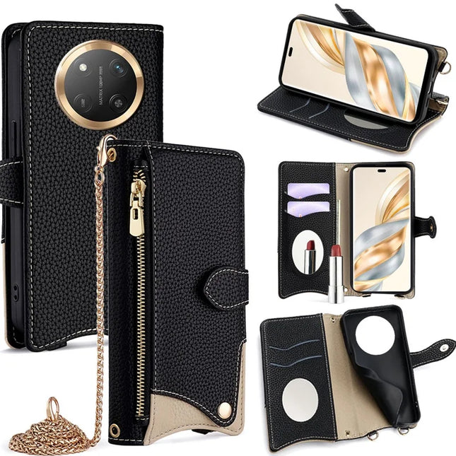 For Honor X60 Pro 5G Leather Case Wallet Stand Cover Irregular Tail Style with Chain Strap - Black