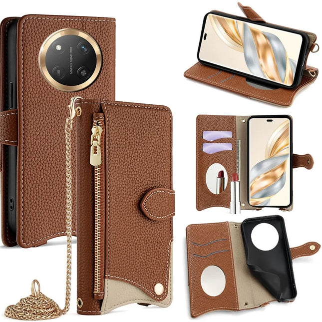 For Honor X60 Pro 5G Leather Case Wallet Stand Cover Irregular Tail Style with Chain Strap - Brown