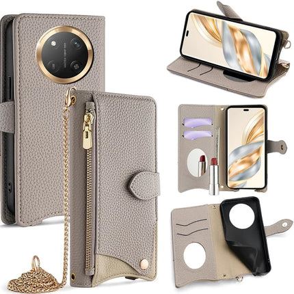 For Honor X60 Pro 5G Leather Case Wallet Stand Cover Irregular Tail Style with Chain Strap - Grey