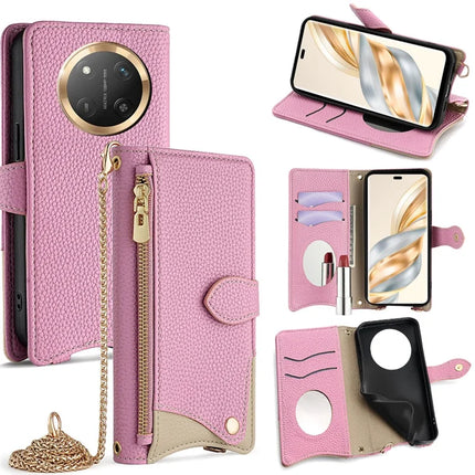 For Honor X60 Pro 5G Leather Case Wallet Stand Cover Irregular Tail Style with Chain Strap - Pink