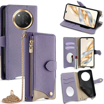 For Honor X60 Pro 5G Leather Case Wallet Stand Cover Irregular Tail Style with Chain Strap - Purple