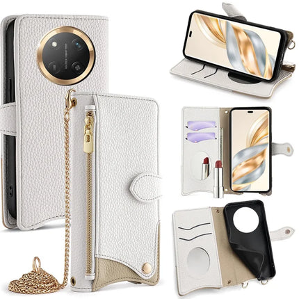 For Honor X60 Pro 5G Leather Case Wallet Stand Cover Irregular Tail Style with Chain Strap - White