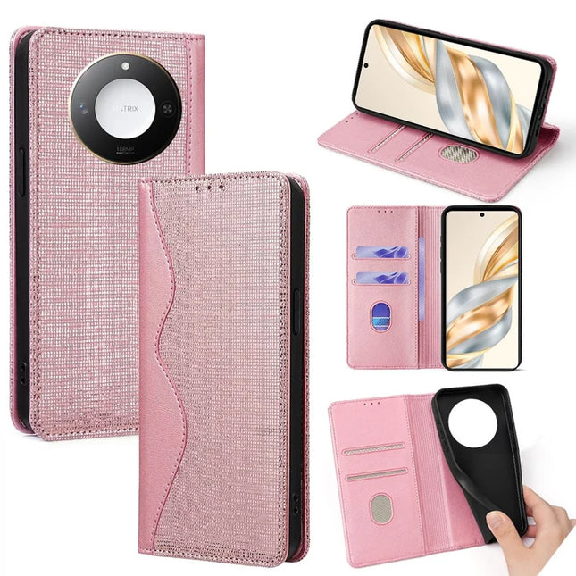 For Honor X60 5G Leather Case Wallet Stand Phone Cover with RFID Blocking - Rose Gold