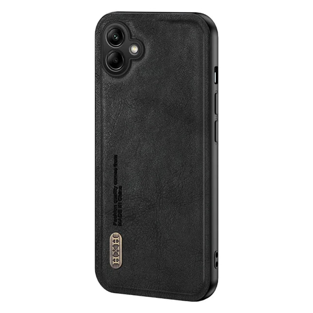For Samsung Galaxy A06 Case Retro Texture Matte TPU + PU Leather Back Cover Support Magnetic Car Holder - Black
