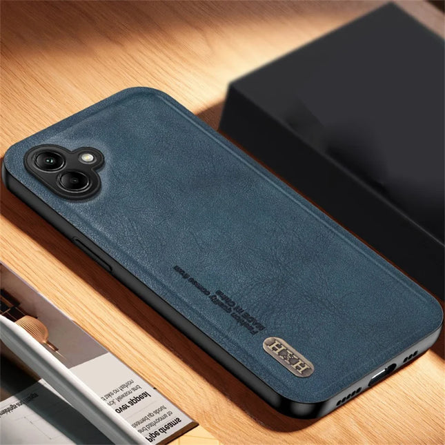 For Samsung Galaxy A06 Case Retro Texture Matte TPU + PU Leather Back Cover Support Magnetic Car Holder - Blue