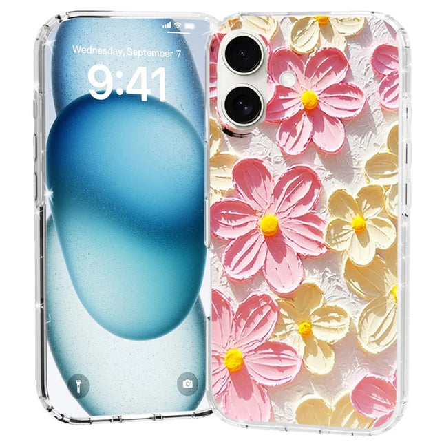 For iPhone 16 Plus Phone Case IMD Pattern Print PC TPU Mobile Cover - Pink White Flower