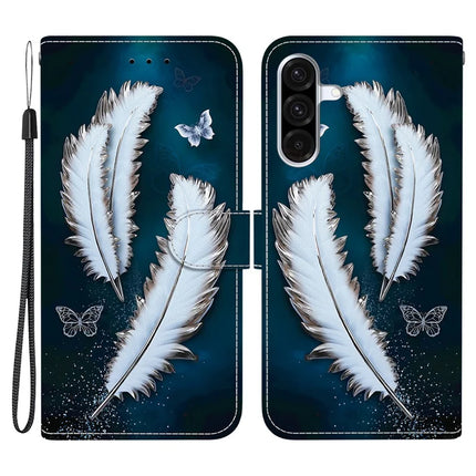 For Samsung Galaxy A26 5G Case Pattern Printing Anti-Drop Leather Flip Wallet Phone Cover with Lanyard - White Butterfly Feather