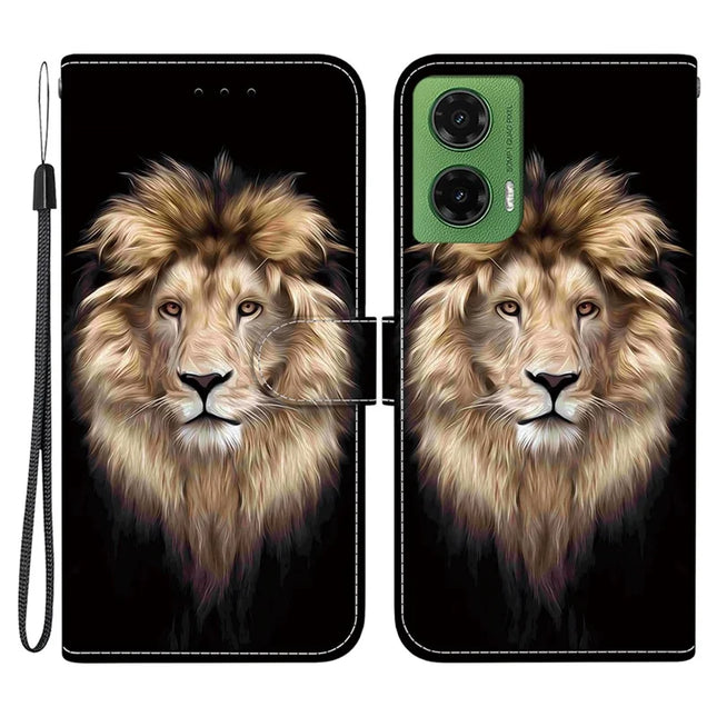 For Motorola Moto G35 5G Case Pattern Printing Anti-Drop Leather Flip Wallet Phone Cover with Lanyard - Lion Head