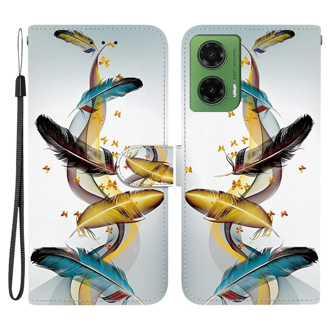 For Motorola Moto G35 5G Case Pattern Printing Anti-Drop Leather Flip Wallet Phone Cover with Lanyard - Golden Butterfly Feather