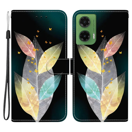 For Motorola Moto G35 5G Case Pattern Printing Anti-Drop Leather Flip Wallet Phone Cover with Lanyard - Colored Leaves