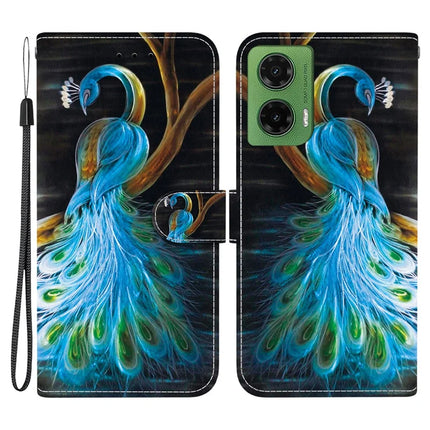 For Motorola Moto G35 5G Case Pattern Printing Anti-Drop Leather Flip Wallet Phone Cover with Lanyard - Peacock