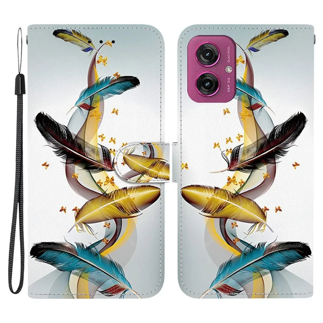For Motorola Moto G55 5G Case Pattern Printing Anti-Drop Leather Flip Wallet Phone Cover with Lanyard - Golden Butterfly Feather