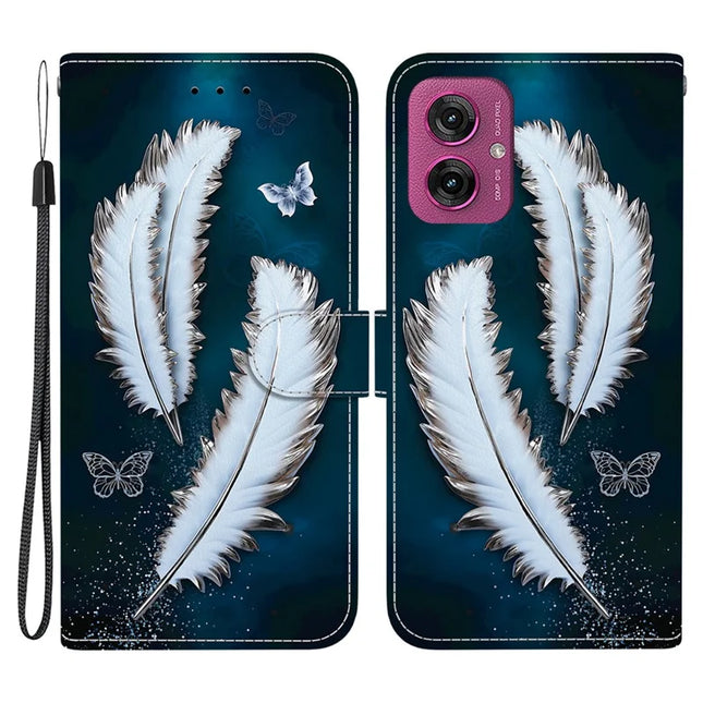 For Motorola Moto G55 5G Case Pattern Printing Anti-Drop Leather Flip Wallet Phone Cover with Lanyard - White Butterfly Feather