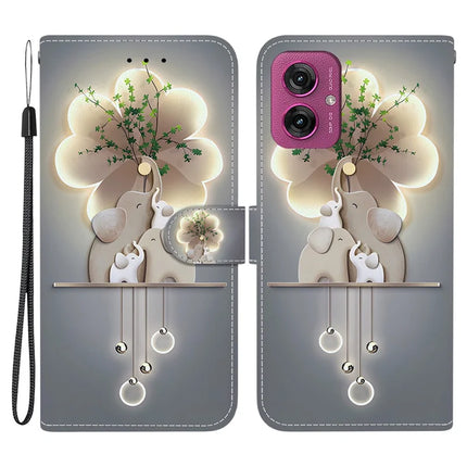 For Motorola Moto G55 5G Case Pattern Printing Anti-Drop Leather Flip Wallet Phone Cover with Lanyard - Three Elephants