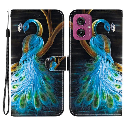 For Motorola Moto G55 5G Case Pattern Printing Anti-Drop Leather Flip Wallet Phone Cover with Lanyard - Peacock