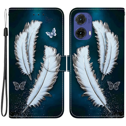 For Motorola Moto G85 5G Case Pattern Printing Anti-Drop Leather Flip Wallet Phone Cover with Lanyard - White Butterfly Feather