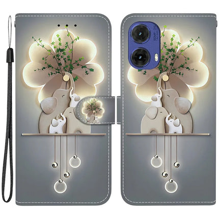 For Motorola Moto G85 5G Case Pattern Printing Anti-Drop Leather Flip Wallet Phone Cover with Lanyard - Three Elephants