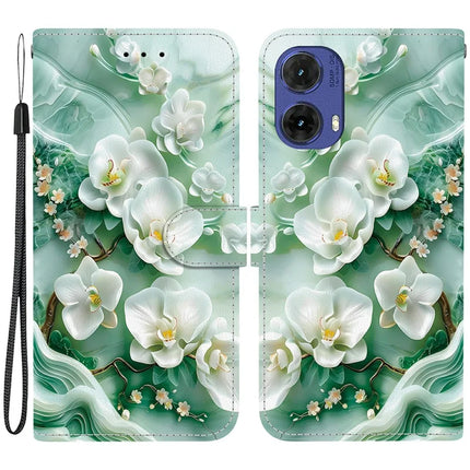 For Motorola Moto G85 5G Case Pattern Printing Anti-Drop Leather Flip Wallet Phone Cover with Lanyard - Jade Flower