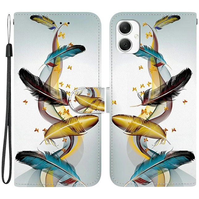 For Samsung Galaxy A06 Case Pattern Printing Anti-Drop Leather Flip Wallet Phone Cover with Lanyard - Golden Butterfly Feather