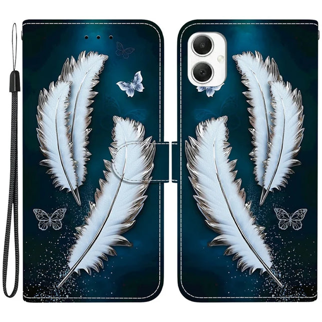For Samsung Galaxy A06 Case Pattern Printing Anti-Drop Leather Flip Wallet Phone Cover with Lanyard - White Butterfly Feather