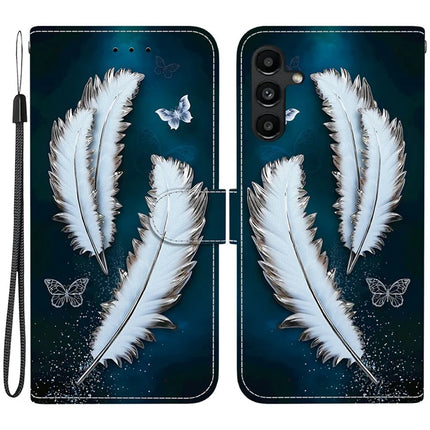 For Samsung Galaxy A15 5G  /  4G Case Pattern Printing Anti-Drop Leather Flip Wallet Phone Cover with Lanyard - White Butterfly Feather