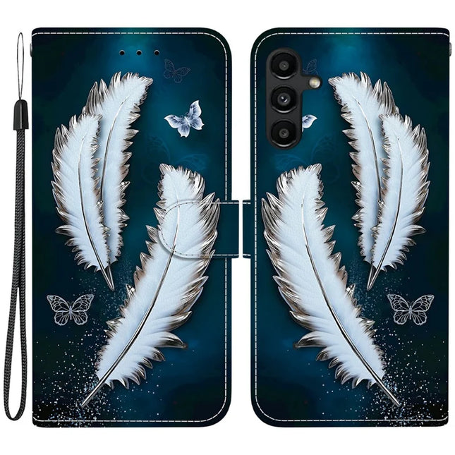 For Samsung Galaxy A15 5G  /  4G Case Pattern Printing Anti-Drop Leather Flip Wallet Phone Cover with Lanyard - White Butterfly Feather