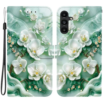 For Samsung Galaxy A15 5G  /  4G Case Pattern Printing Anti-Drop Leather Flip Wallet Phone Cover with Lanyard - Jade Flower