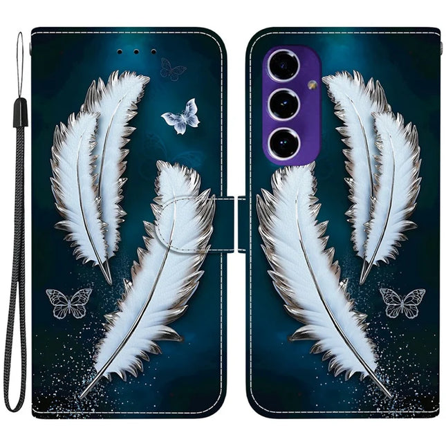 For Samsung Galaxy A16 5G  /  4G Case Pattern Printing Anti-Drop Leather Flip Wallet Phone Cover with Lanyard - White Butterfly Feather