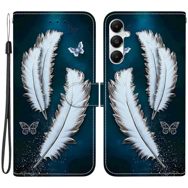 For Samsung Galaxy A35 5G Case Pattern Printing Anti-Drop Leather Flip Wallet Phone Cover with Lanyard - White Butterfly Feather