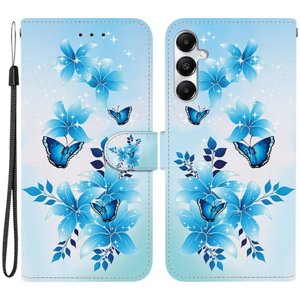 For Samsung Galaxy A35 5G Case Pattern Printing Anti-Drop Leather Flip Wallet Phone Cover with Lanyard - Blue Butterfly
