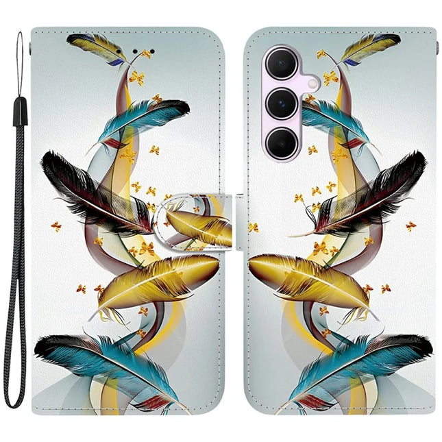 For Samsung Galaxy A55 5G Case Pattern Printing Anti-Drop Leather Flip Wallet Phone Cover with Lanyard - Golden Butterfly Feather