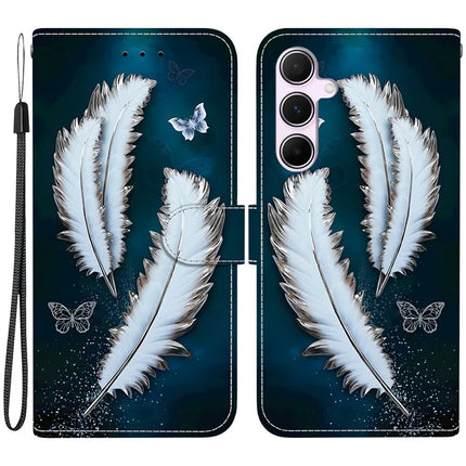 For Samsung Galaxy A55 5G Case Pattern Printing Anti-Drop Leather Flip Wallet Phone Cover with Lanyard - White Butterfly Feather
