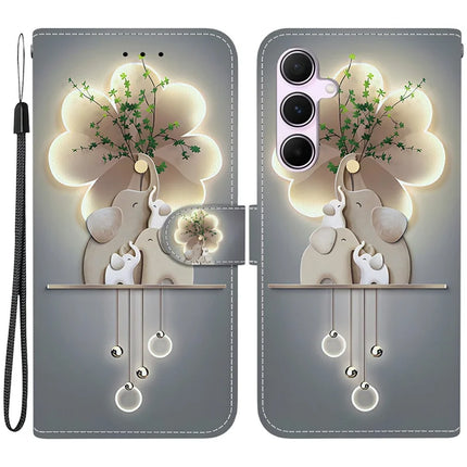 For Samsung Galaxy A55 5G Case Pattern Printing Anti-Drop Leather Flip Wallet Phone Cover with Lanyard - Three Elephants