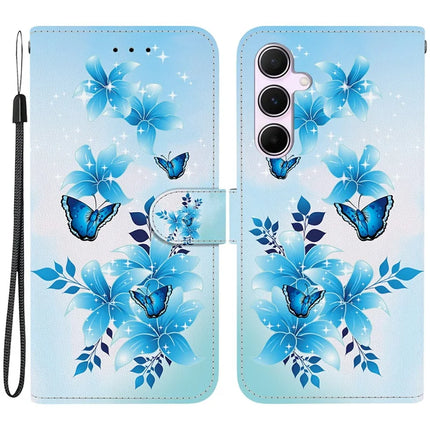For Samsung Galaxy A55 5G Case Pattern Printing Anti-Drop Leather Flip Wallet Phone Cover with Lanyard - Blue Butterfly