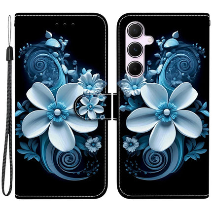 For Samsung Galaxy A55 5G Case Pattern Printing Anti-Drop Leather Flip Wallet Phone Cover with Lanyard - Black Orchid