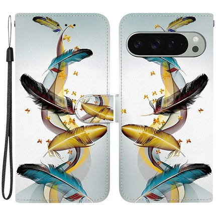 For Google Pixel 9 Pro  /  Pixel 9 Case Pattern Printing Anti-Drop Leather Flip Wallet Phone Cover with Lanyard - Golden Butterfly Feather