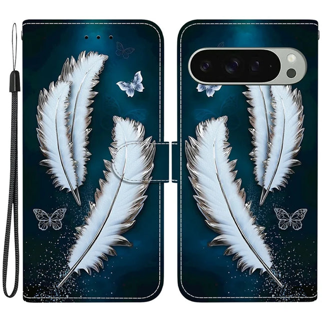 For Google Pixel 9 Pro  /  Pixel 9 Case Pattern Printing Anti-Drop Leather Flip Wallet Phone Cover with Lanyard - White Butterfly Feather