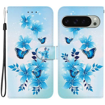 For Google Pixel 9 Pro  /  Pixel 9 Case Pattern Printing Anti-Drop Leather Flip Wallet Phone Cover with Lanyard - Blue Butterfly
