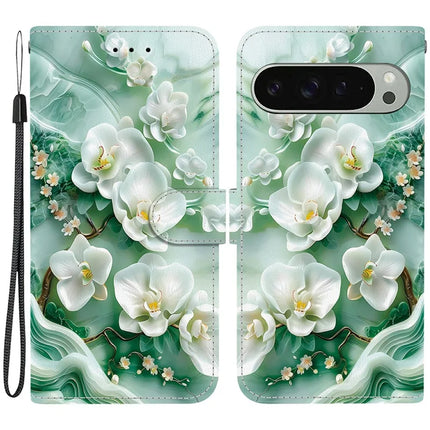 For Google Pixel 9 Pro  /  Pixel 9 Case Pattern Printing Anti-Drop Leather Flip Wallet Phone Cover with Lanyard - Jade Flower