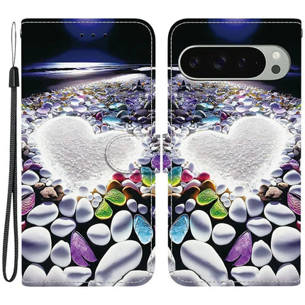 For Google Pixel 9 Pro  /  Pixel 9 Case Pattern Printing Anti-Drop Leather Flip Wallet Phone Cover with Lanyard - Heart Shape