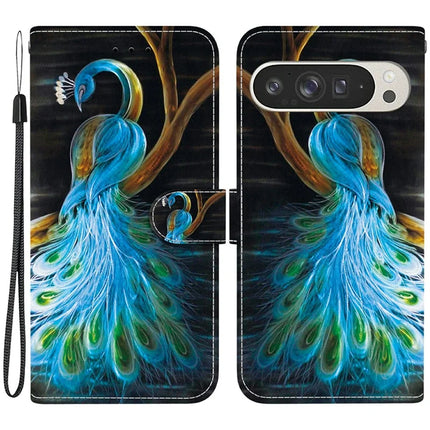 For Google Pixel 9 Pro XL Case Pattern Printing Anti-Drop Leather Flip Wallet Phone Cover with Lanyard - Peacock