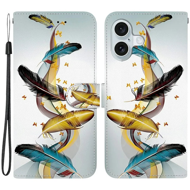 For iPhone 16 Case Pattern Printing Anti-Drop Leather Flip Wallet Phone Cover with Lanyard - Golden Butterfly Feather