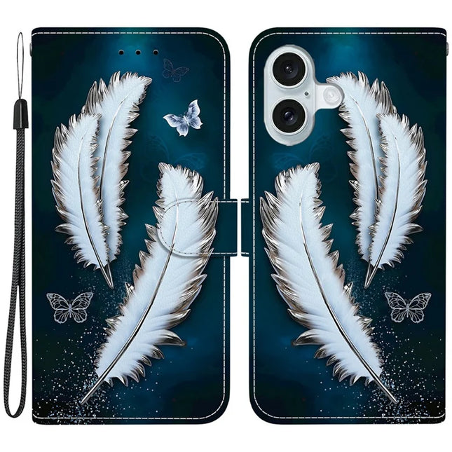 For iPhone 16 Case Pattern Printing Anti-Drop Leather Flip Wallet Phone Cover with Lanyard - White Butterfly Feather