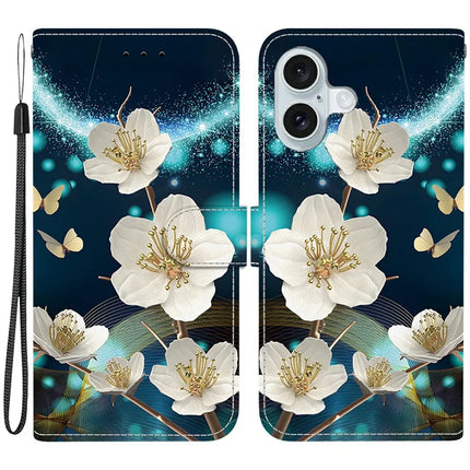 For iPhone 16 Case Pattern Printing Anti-Drop Leather Flip Wallet Phone Cover with Lanyard - Magnolia