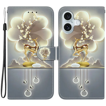 For iPhone 16 Case Pattern Printing Anti-Drop Leather Flip Wallet Phone Cover with Lanyard - Sika Deer