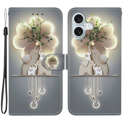 For iPhone 16 Case Pattern Printing Anti-Drop Leather Flip Wallet Phone Cover with Lanyard - Three Elephants