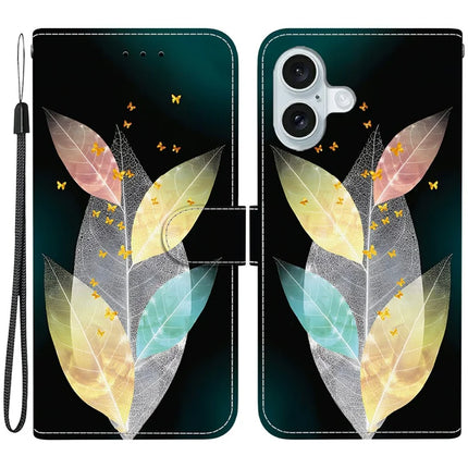 For iPhone 16 Case Pattern Printing Anti-Drop Leather Flip Wallet Phone Cover with Lanyard - Colored Leaves