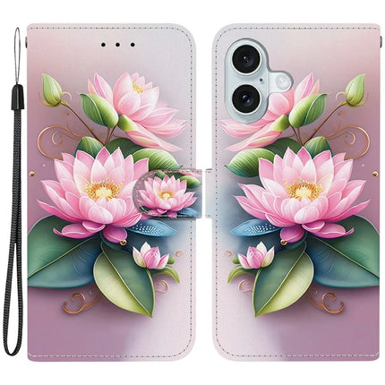 For iPhone 16 Case Pattern Printing Anti-Drop Leather Flip Wallet Phone Cover with Lanyard - Lotus