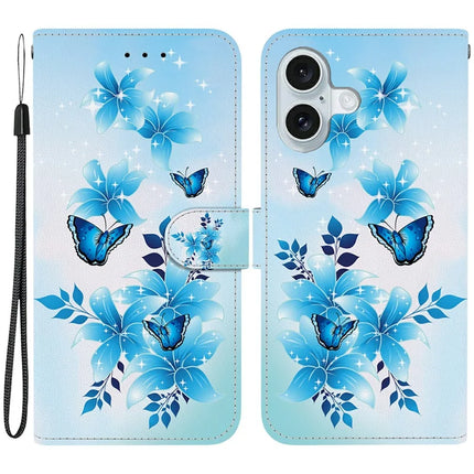 For iPhone 16 Case Pattern Printing Anti-Drop Leather Flip Wallet Phone Cover with Lanyard - Blue Butterfly
