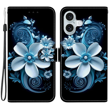 For iPhone 16 Case Pattern Printing Anti-Drop Leather Flip Wallet Phone Cover with Lanyard - Black Orchid